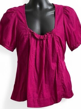 American Eagle Fuchsia Pink Puff Sleeve Peasant Blouse Tie Back Size 8